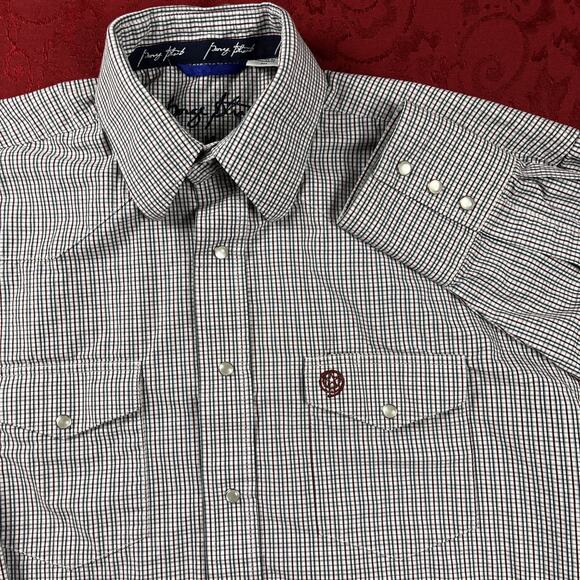 Wrangler‎ George Straight Shirt Mens M White Check Long Slv Pearl Snap Rodeo - Picture 1 of 10
